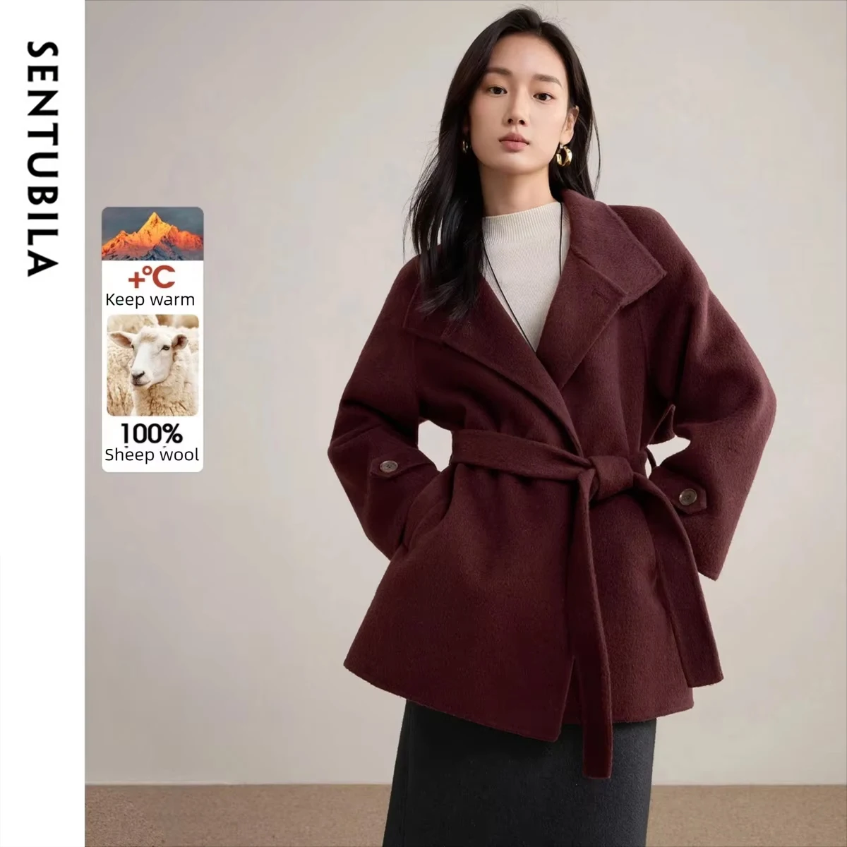 

SENTUBILA Women's 100% Wool Coat Ladies Double Faced Belted Overcoat 2026 Winter Unline Warm Outerwear Woman Clothes W54OG8765