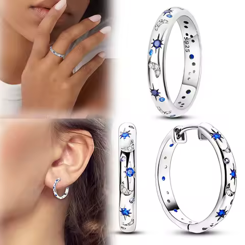 New Original 925 Sterling Silver Earrings Ring Set Sparkling Star Hoops Earrings 4-10 Size Rings for Men Women Lady Jewelry Gift