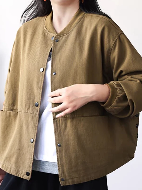 Jaqueta de Aodão Estilo Baseball Solta com Gola Alta e Dois Bolsos para Mulheres Tamanho Plus Casual Cardigan Aberto