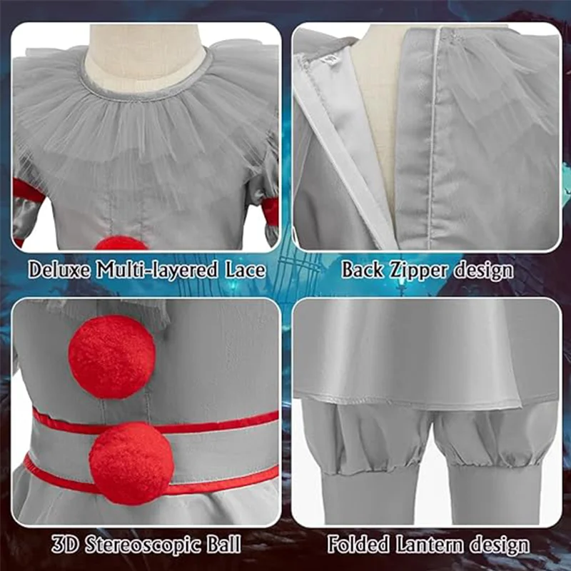 Kids Scary Joker Pennywise Cosplay Costume Horror Ghost Movie It Puff Sleeve Tulle Collar Top With Pants For Halloween Carnival