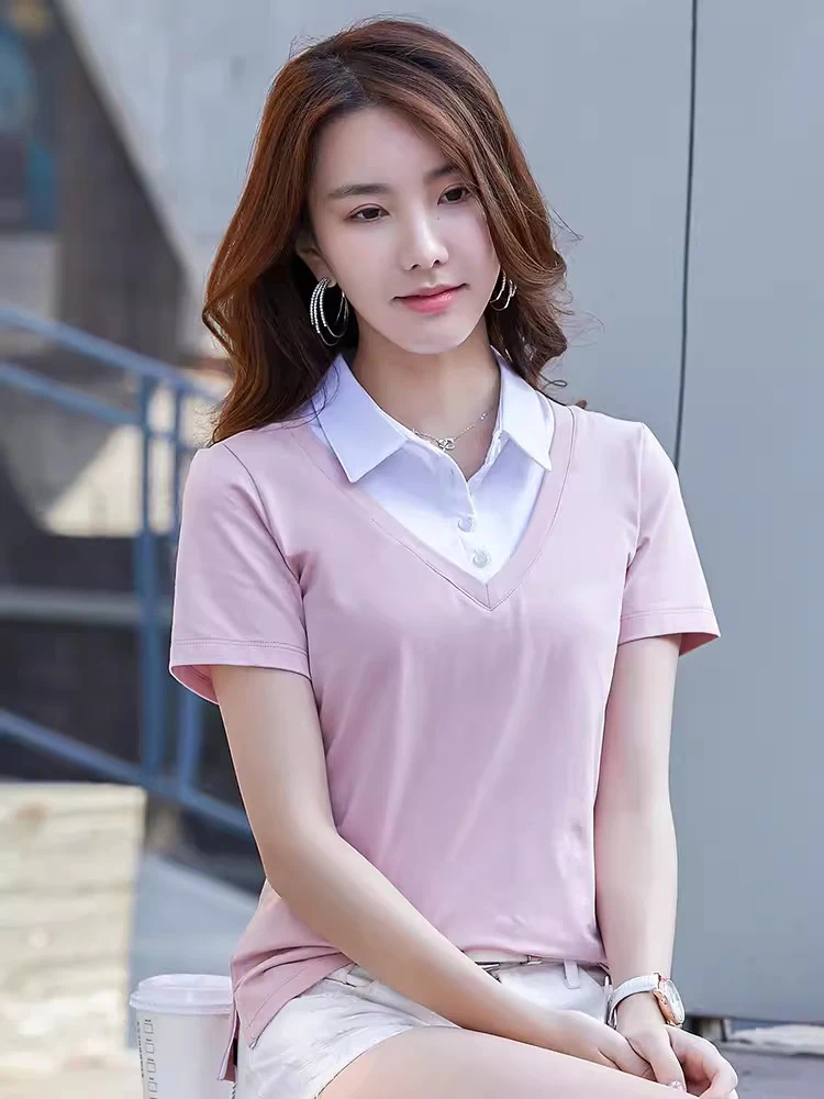 New Women Summer Short Sleeve T-shirt Fashion Patchwork Contrast Color Turn-down Collar Loose Tees Simplicity Casual Polo Tops