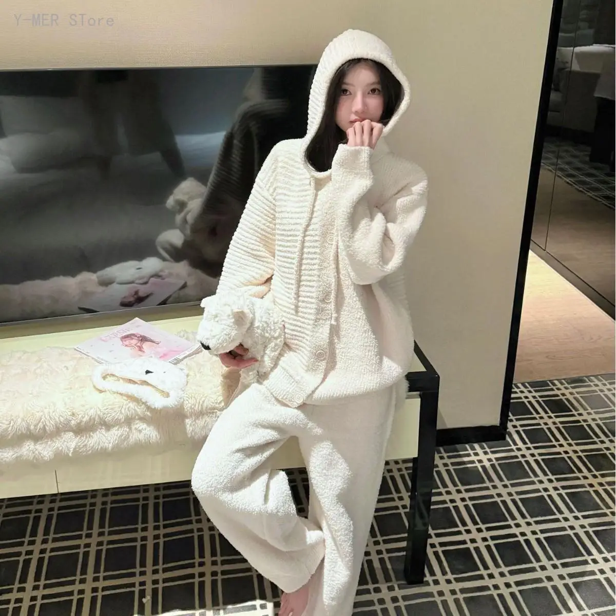 Women 2026 Autumn Winter Half Sided Fleece Hooded Pajama Set Thick Warm Long Sleeve Soft Casual Loungewear Sleepwear Suit