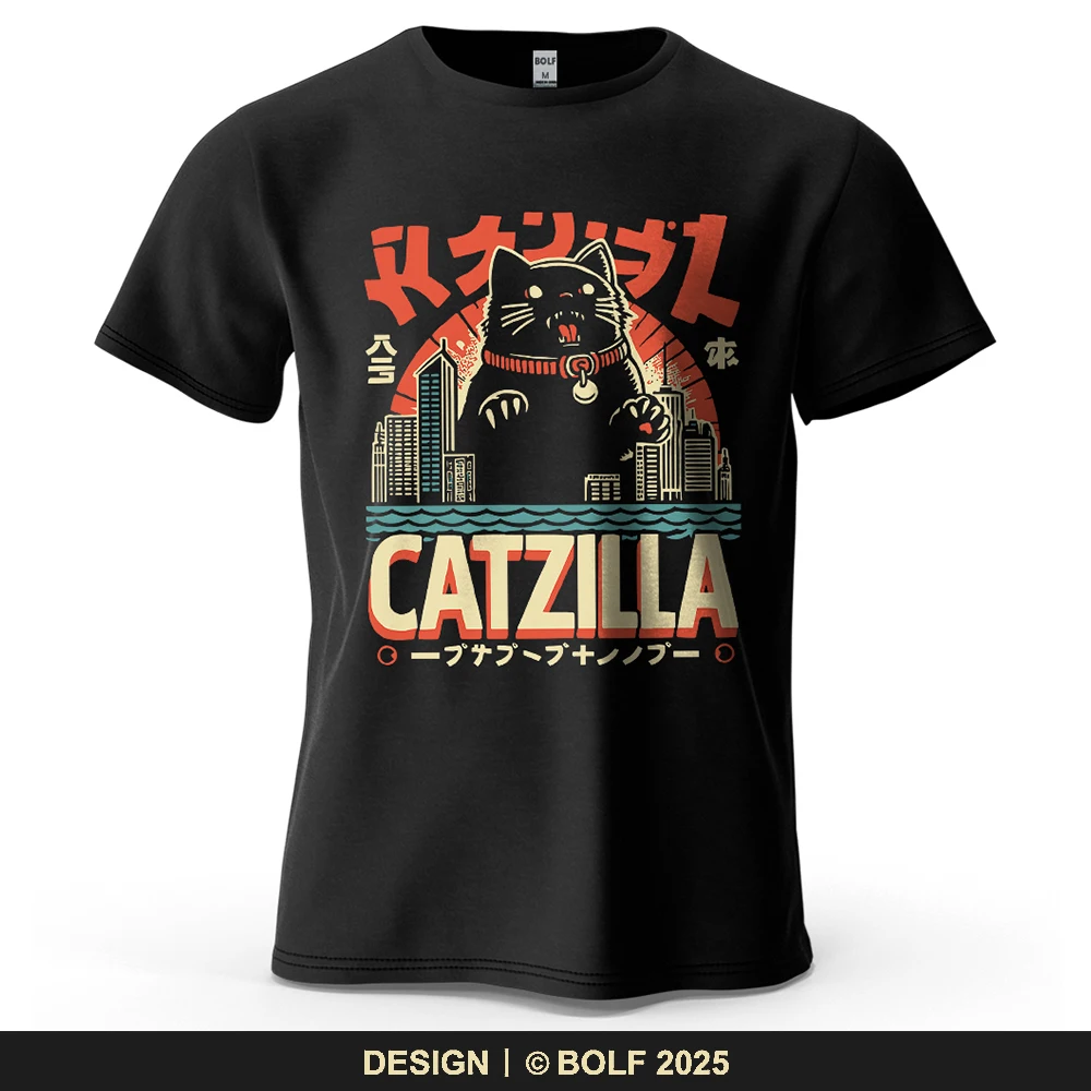 Catzilla Lustiges bedrucktes Herren-T-Shirt aus 100 % Baumwolle, übergroß, trendige Grafik-T-Shirts für Damen, Tops, T-Shirts, Streetwear