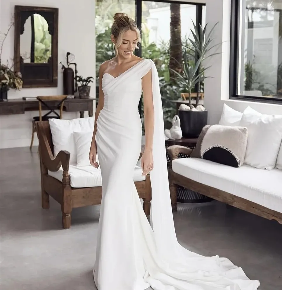 Elegant Mermaid Wedding Dresses One Shoulder Pleat V-neck Chiffon Bridal Bride Gowns Vestidos De Noiva