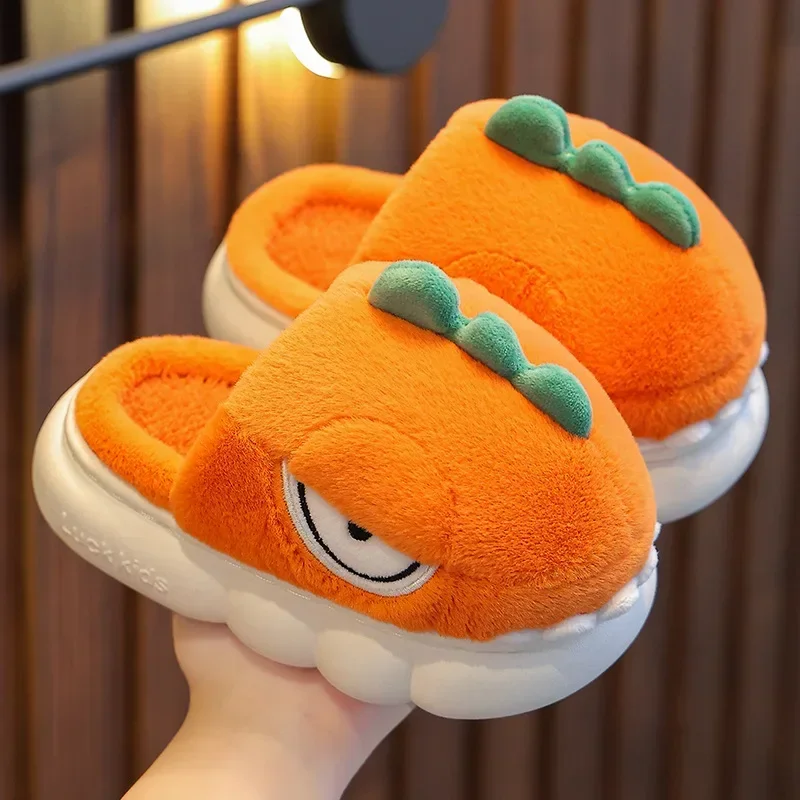 Cute Cartoon Dinosaur Children Plush Slippers Kids Lovely Non Slip Indoor Round Toe Fashion Soft Thick Sole Shoes Sewing Thread