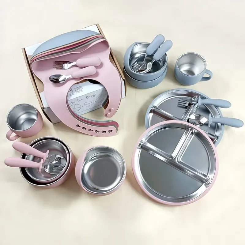 Food grade silicone newborn tableware set, baby feeding supplies, toddler tableware, heat-resistant silicone baby tableware