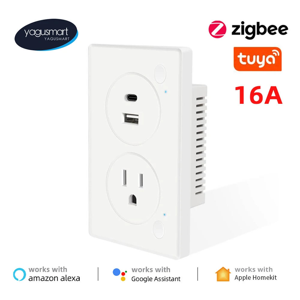 

Умная настенная розетка Yagusmart Tuya Zigbee США с портами для зарядки Type-C, умная розетка 16 А, домашний комплект, управление через приложение SmartThings