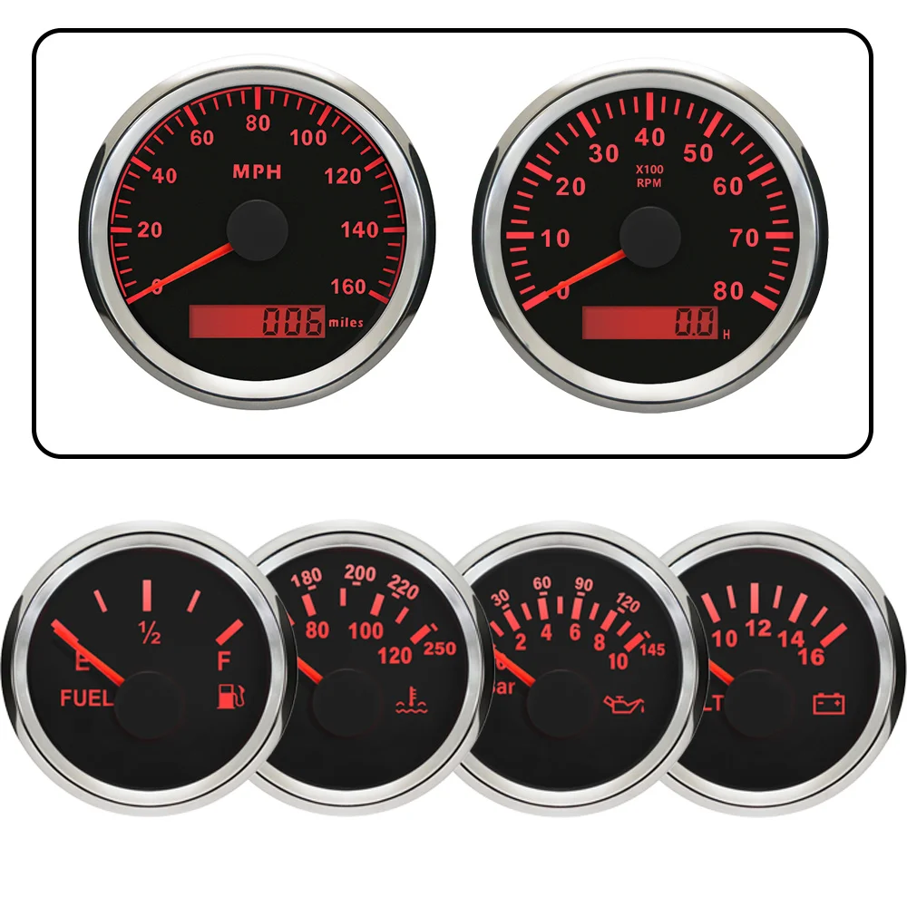 

ELING 85mm 0-200KM/H GPS Speedometer Tachometer +52mm Water Temp Oil Pressure Fuel Level Meter 12V Voltmeter with Red Backlight