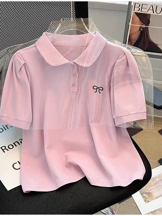 White Women's  Shirt Short Sleeve Slim Fit Loose Sporty Casual Embroidered Bubble Sleeve Top English Style College Fashion