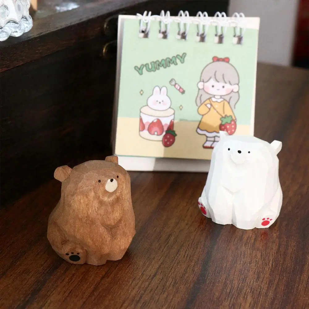 Kids Gifts Solid Wood Wooden Bear Figurines Hand Carved Cute Polar Bear Ornament Realistic Funny Mini Bear Statue Garden