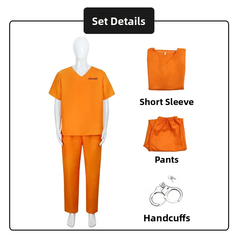 زي سجين برتقالي للبالغين، ملابس لعب الأدوار في الهالوين، نسيج بوليستر، نمط الشارع، مبيعات دولية مخصصة #4