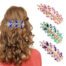 Fashion Imitation Crystal Rhinestone Hair Clip Multicolor Leaf Shape Spring Hairpin for Women Girls Ponytail Jewelry Accessories