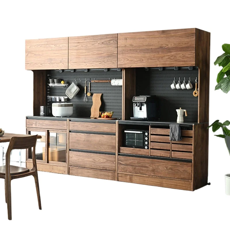 

Nordic black walnut dining side cabinet solid wood rock slab storage living room integrated wall display cabinet