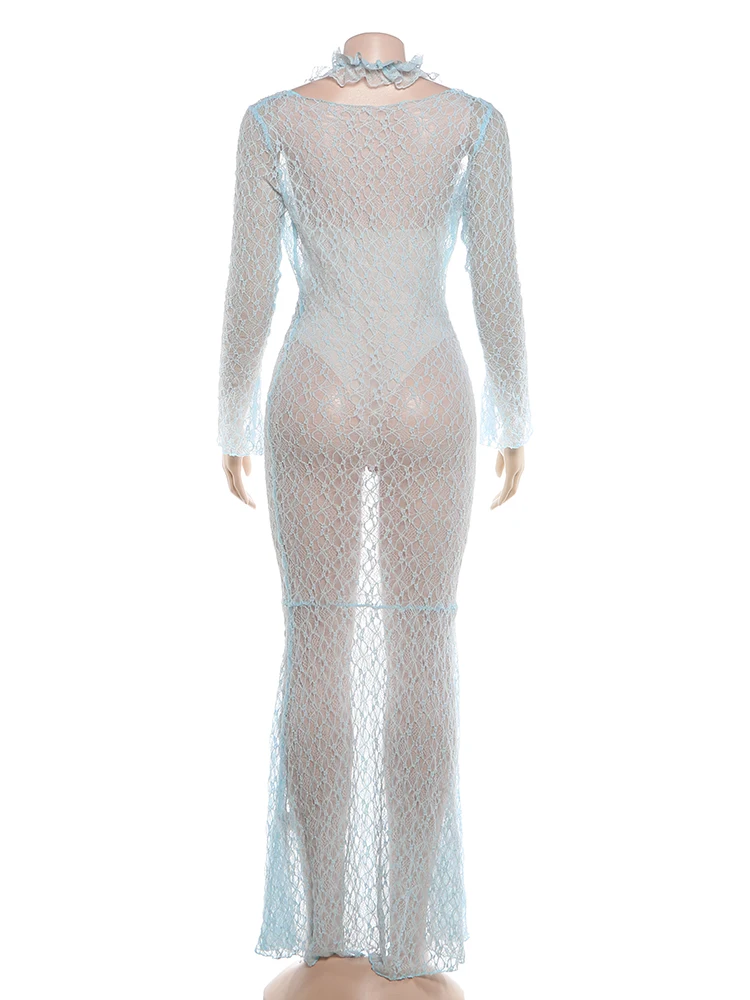 Sisterlinda Sexy 2-teiliges Set für Damen, modisch, mit Rüschenkante, Neckholder-Bodysuits + tief ausgeschnittenes Kleid mit langen Ärmeln und hoher Taille, durchsichtige Anzüge – Detail 5