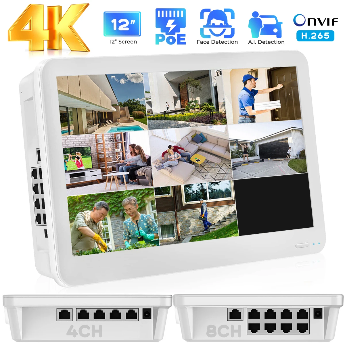 

4K Onvif PoE NVR с 11,6-дюймовым дисплеем 4CH 8CH видеорегистратор для домашней системы видеонаблюдения H.265 обнаружения лиц/транспортных средств NVR XMEye