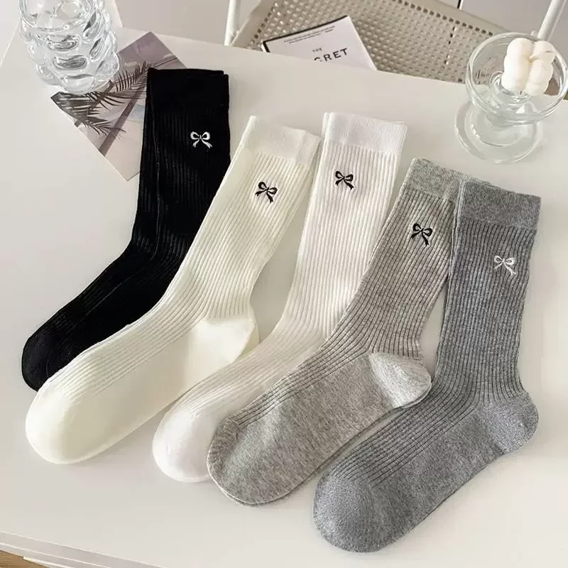 

Women Bowknot Cream Color Striped Pile-up Socks Summer Breathable Mesh Preppy Casual Simple JK Lolita Mid-tube Ankle Socks Girls