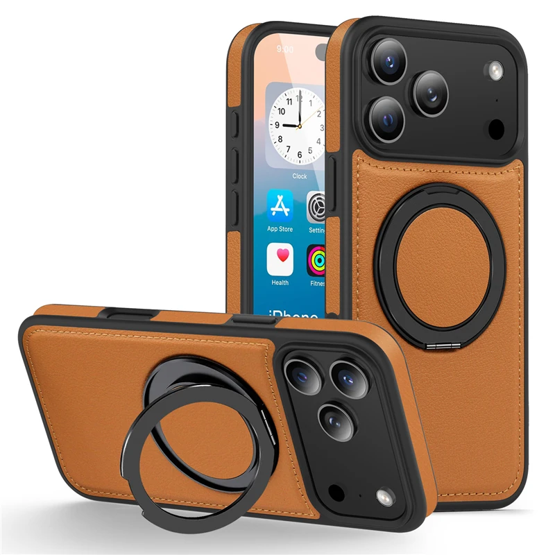 Leder-Handyhülle für Magsafe iPhone 17 Air 16E 16 15 14 Plus 13 12 Pro Max, magnetisch, 360 drehbar, Metallhalter, Ständer, Rückseite