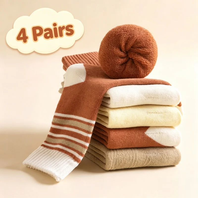 4 Pairs/Lot Women Winter Thick Terry Socks Comfortable Warm Mid‑Calf Socks Home Sleeping Socks Floor Socks Casual Thermal Socks