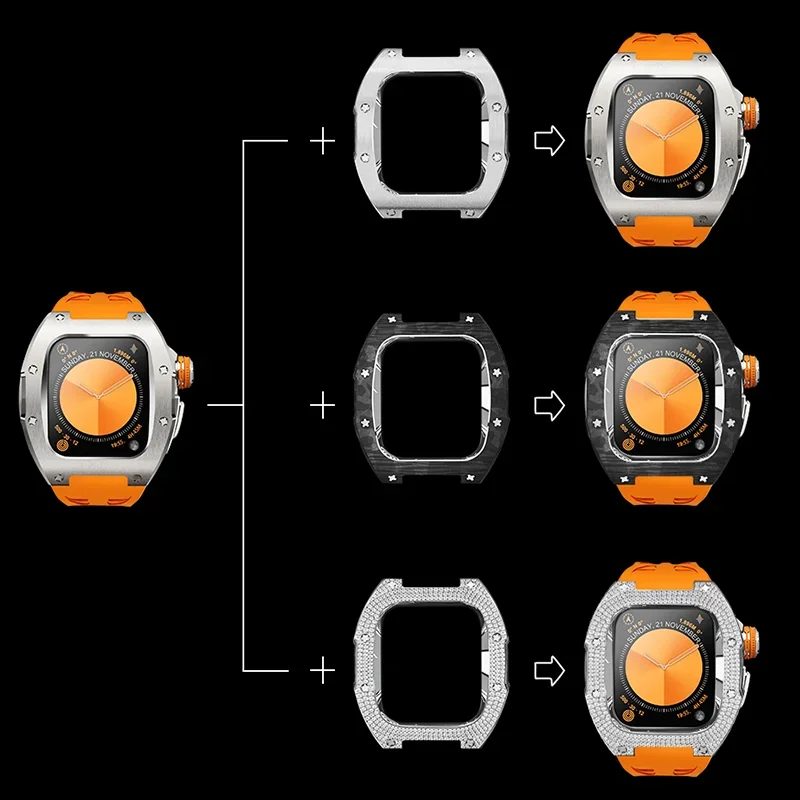 Luxuriöses Edelstahl-Modifikationsset für Apple Watch Series 10, 46 mm, Titangehäuse für IWatch Series 10, 46 mm Fluorkautschukarmband