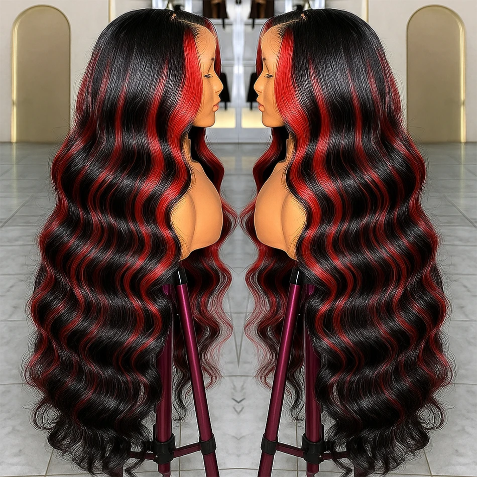 

Black With Red Color 1B/99J Highlight Lace Front Wigs Human Hair Brazilian Body Wave Preplucked 5x5 Glueless Lace Wig For Women
