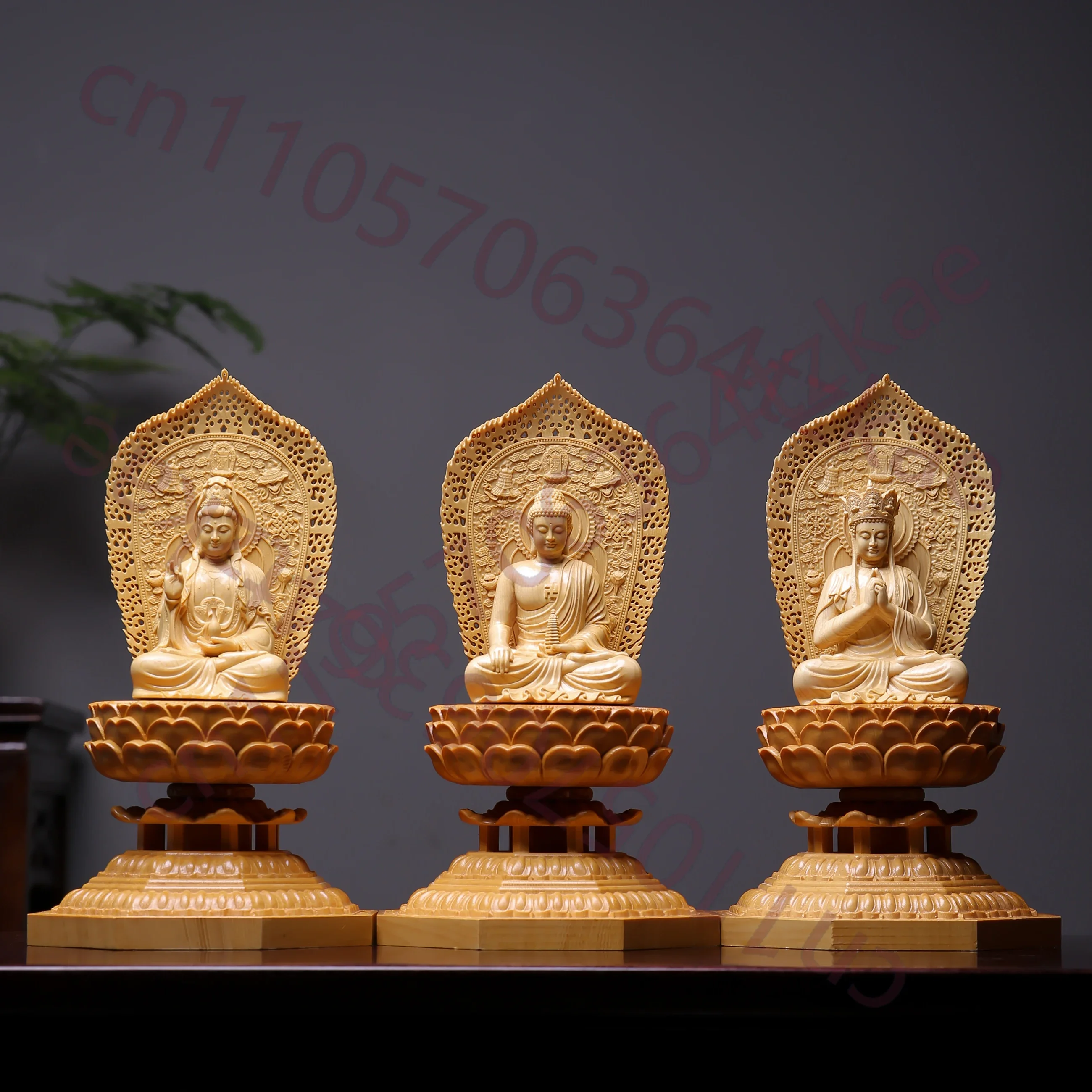 Hinoki Cypress Wood Hand Carved Three Saints Statue Set (3pcs) - Medicine Buddha Ksitigarbha Guanyin Figurine for Home Temple