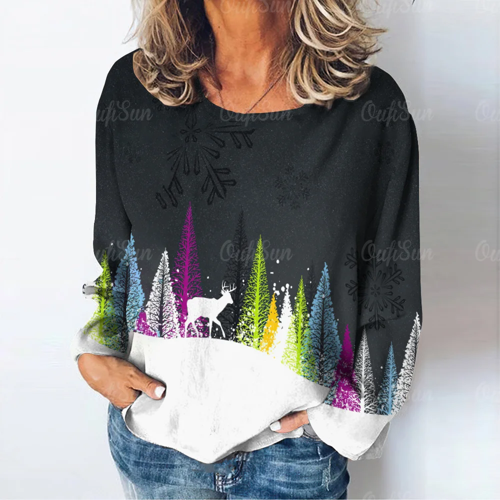 2024 new fashion graffiti butterfly print color splash pine cypress long sleeve T-shirt autumn fashion women's T-shirt