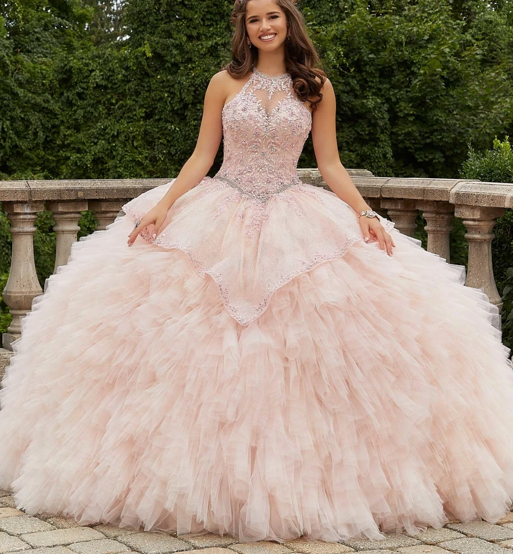 

EVLAST Pink Quinceanera Dress Glitter Halter Ball Gown Appliques Ruffled Tulle Beaded Jacket Sweet 16 Vestidos De XV Años TQD112