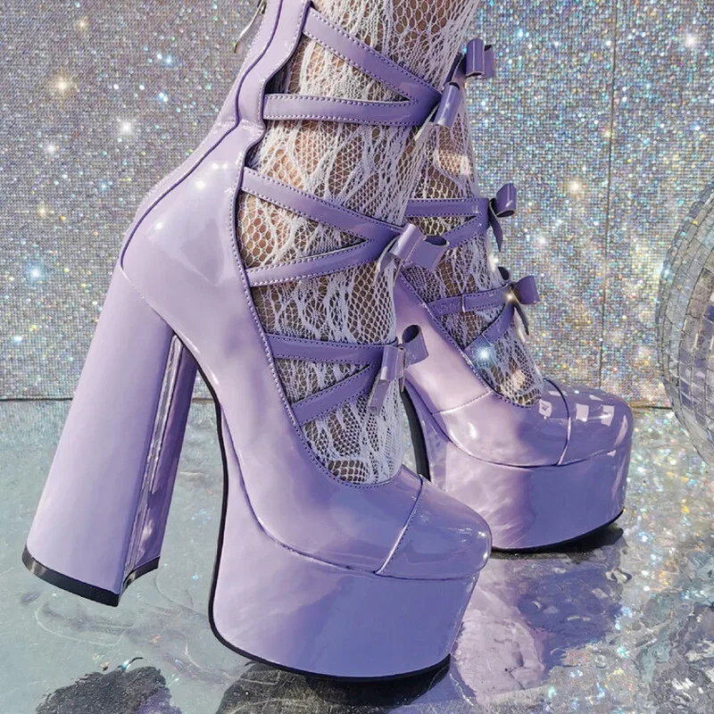 2022 new purple Lolita sweet 15cm tacchi alti con fiocco inferiore spesso scarpe da donna testa tonda scava fuori fibbia scarpe singole taglia 36-47