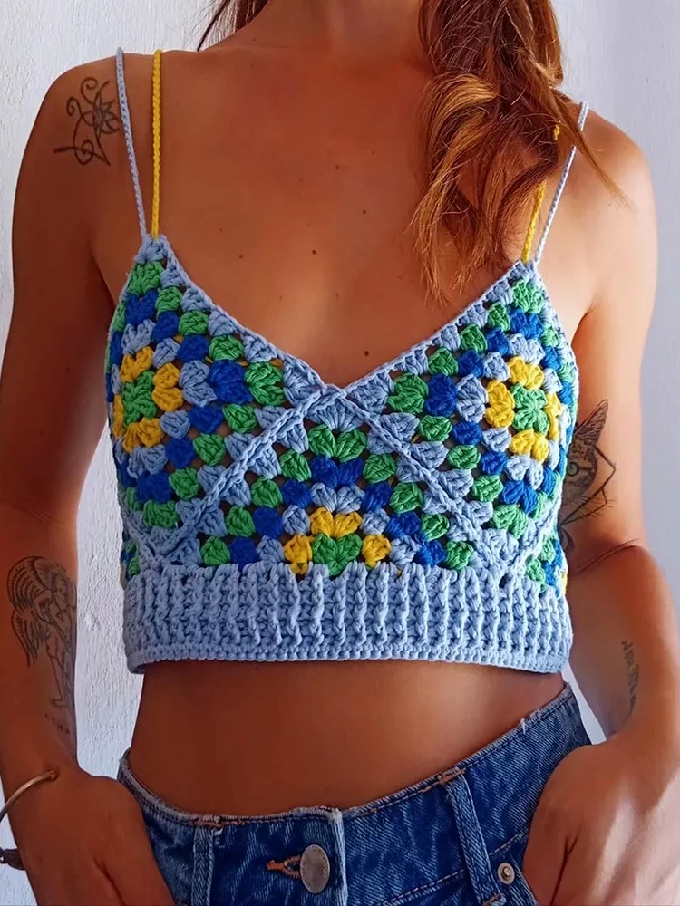 Gypsylady Boho Crochet Cropped Camis bez rękawów ręcznie robione na drutach wakacje lato Camis układ kwadratowy Chic Vintage Sexy kobiety topy