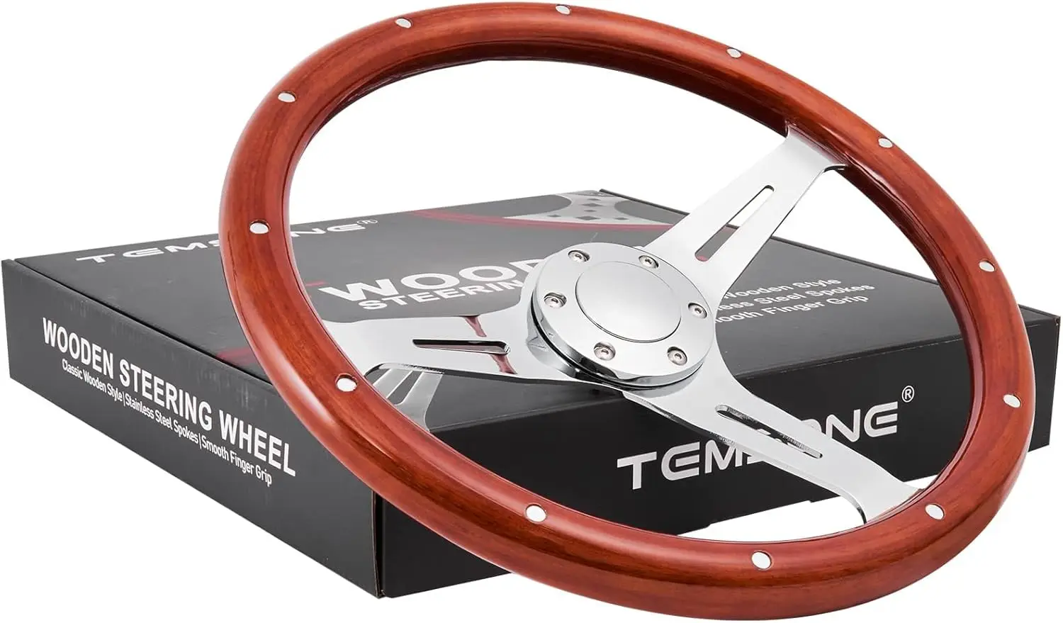 

15" Wood Steering Wheel, 3 Spokes, Polished Billet, Deep Dish Vintage Style with Horn Button