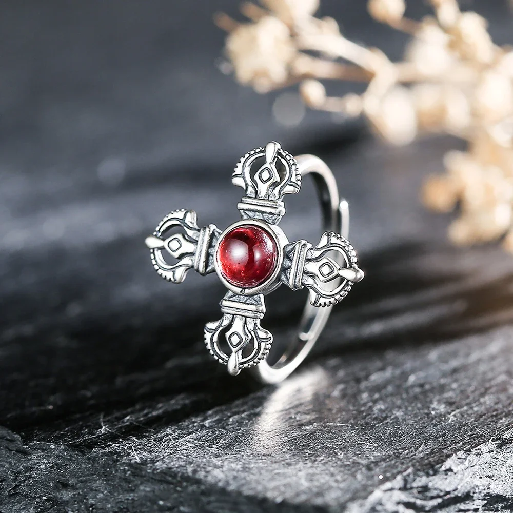 

Natural Garnet Ring S925 Sterling Silver Adjustable Open Bands Vintage Cross Design Women's Party Birthstone Jewelry Gifts