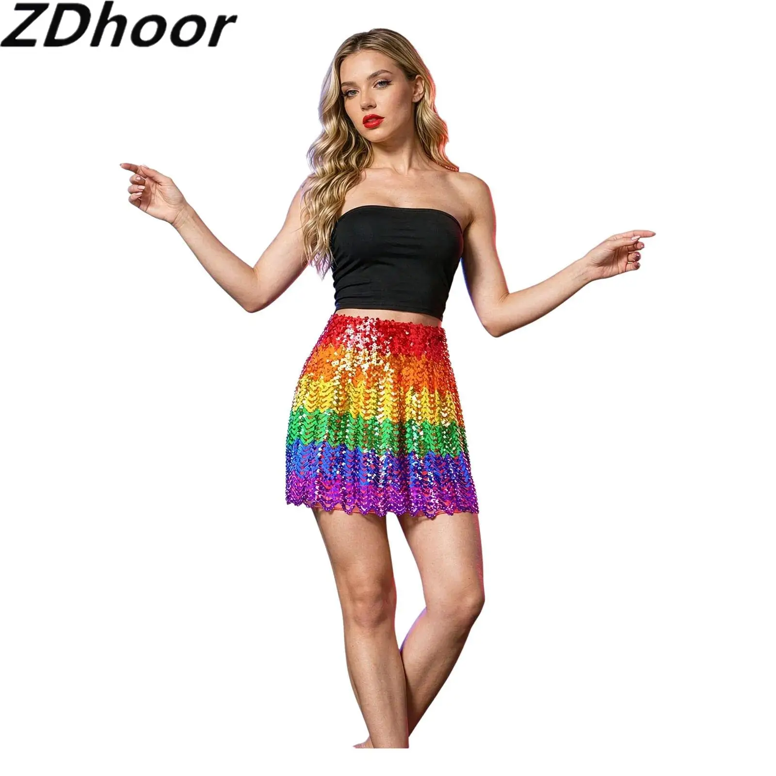 Women Sparkly Sequin Skirt High Waist A-line Stretchy Flared Skirts for Concert Night Out Cocktail Party Stage Performance