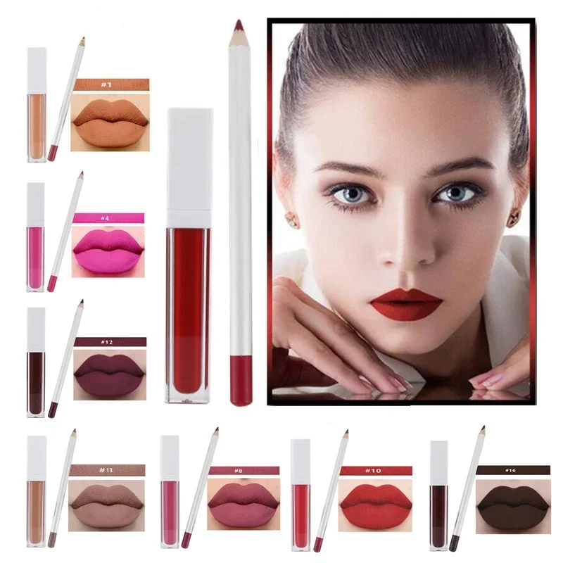 21 colori Vegan Lip Gloss Lip Liner Kit Private Label Lip Glaze rossetto opaco Non appiccicoso Lipliner Set trucco all'ingrosso