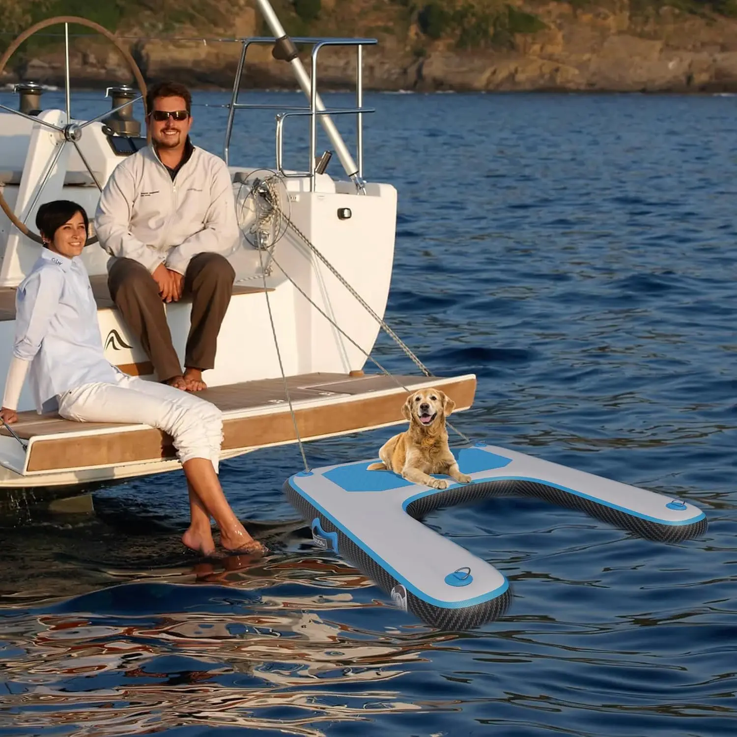 

Надувная доска для собак, поплавок для щенков, лодка для собак, синяя лестница с рампами для воды и нескользящей док-платформой для бассейна с озером