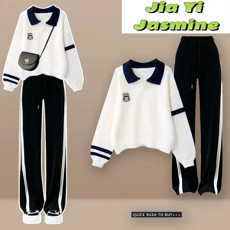 Conjunto casual de capuz esportivo feminino e calças largas, sal, estilo universitário, polo, novo, outono, 2021, conjunto 2 peças