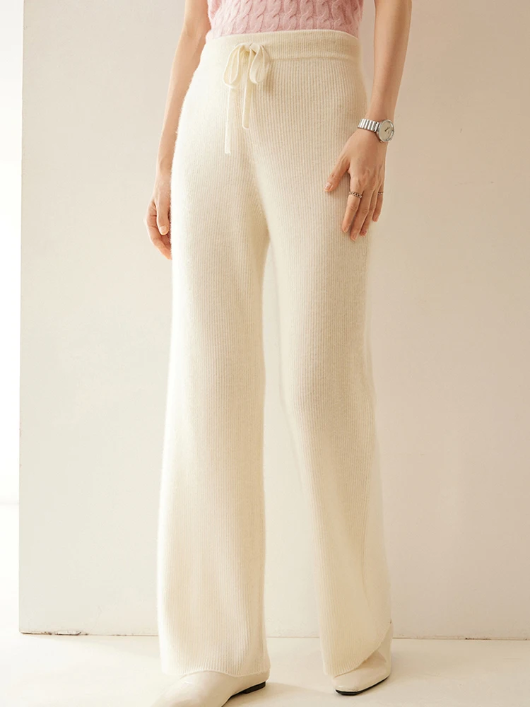 

TLOML Autumn Winter Women's 100% Cashmere Wide Leg Pants Simple Style Elasticated Waist Trousers Cashmere Pants Soft Warm Comfy