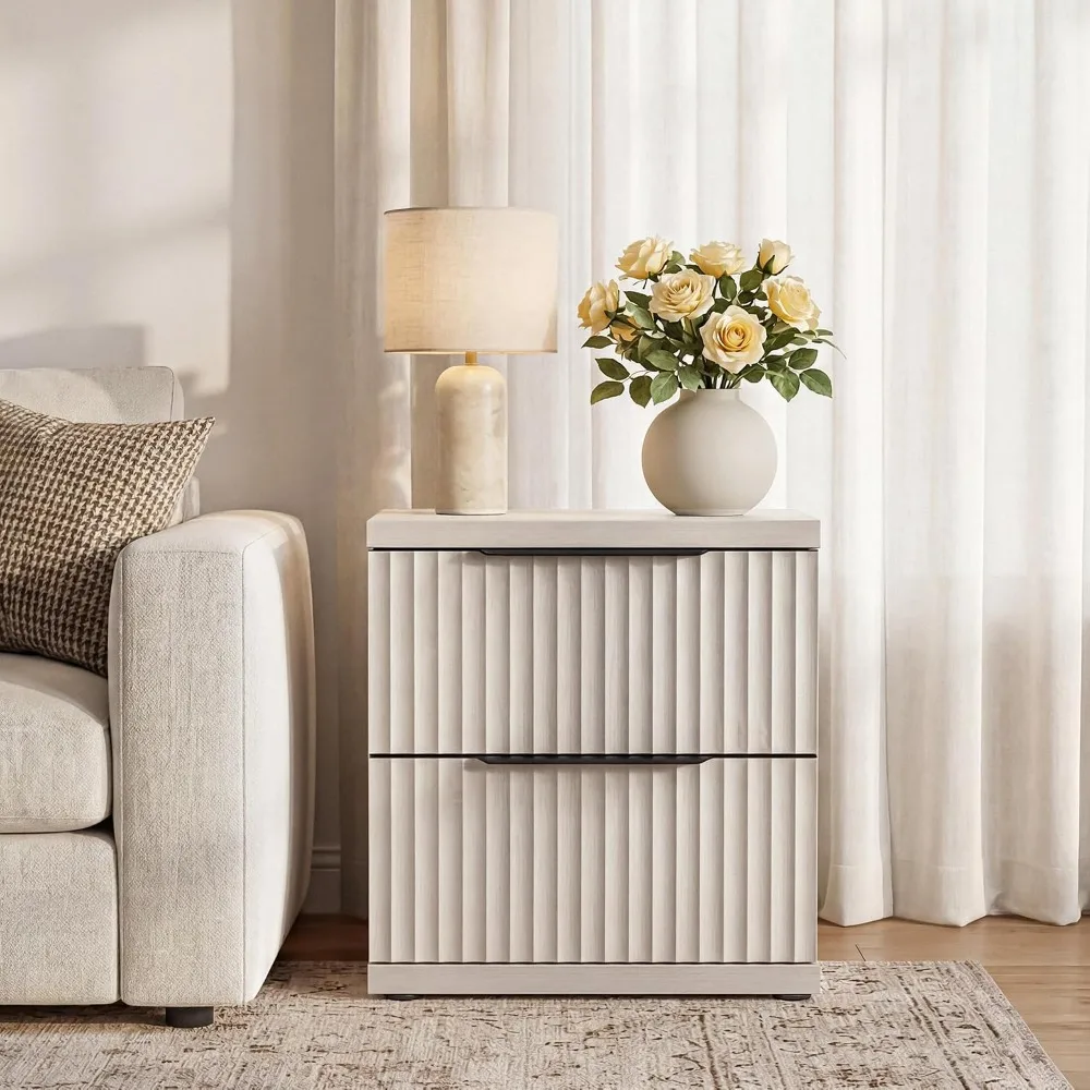 Fluted Night Stand Set 2 - Modern Nightstand with 2 Large Drawers, 22 Inch Wide Bedside Table for Bedroom, Customized