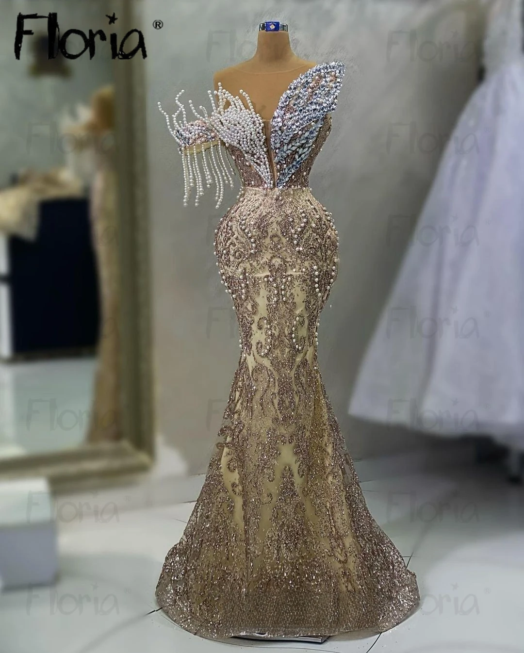 Robe de Soirée en Dentelle 3D avec Col Appliqué, Perles aniques, Pompon, Champagne, Bal Formel, Sirène