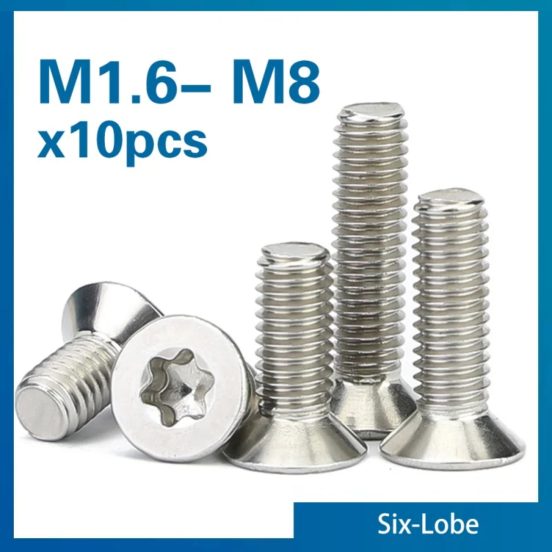 10 teile/los Sechs-Lobe Torx Flachsenkkopf Schraube Bolzen M1,6 M2 M2,5 M3 M4 M5 M6 M8 304 A2-70 edelstahl GB2673