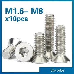 10 pçs/lote parafuso de cabeça escareada plana torx de seis lóbulos m1.6 m2 m2.5 m3 m4 m5 m6 m8 304 A2-70 aço inoxidável gb2673