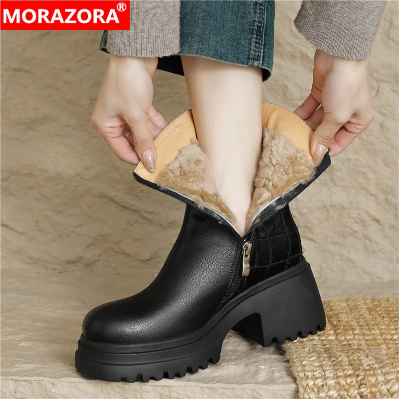 MORAZORA Nature Wool Snow Boots Women Zipper Round Toe Platform Ankle Boots Chunky Heels Winter Booties Ladies Shoes