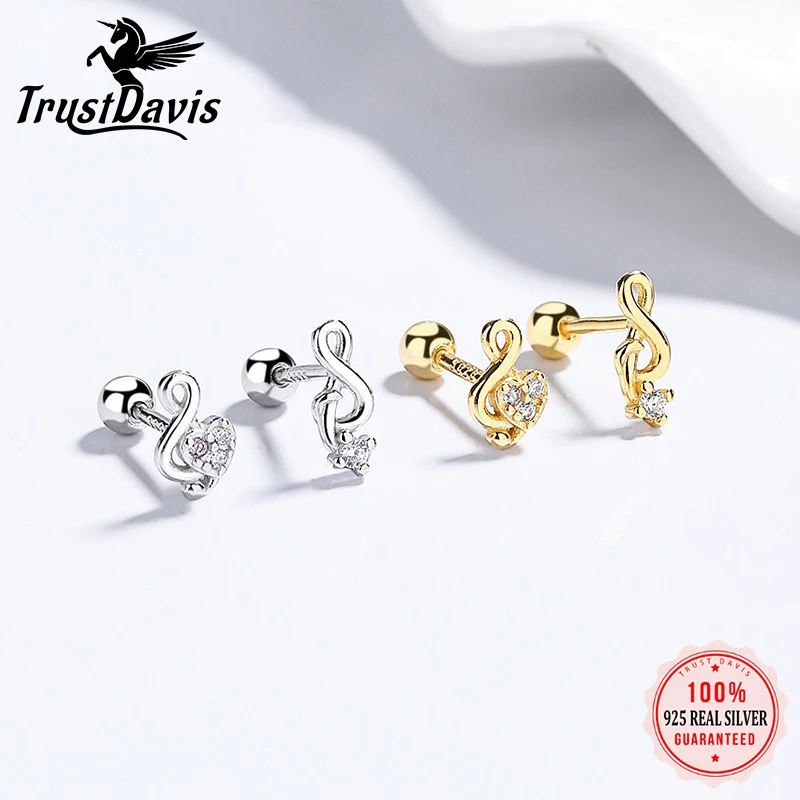 Trustdavis Real 925 Silver Fashion Simple Musical Note Zircon Earrings for Women Daily Wear Jewelry Gift DS4673