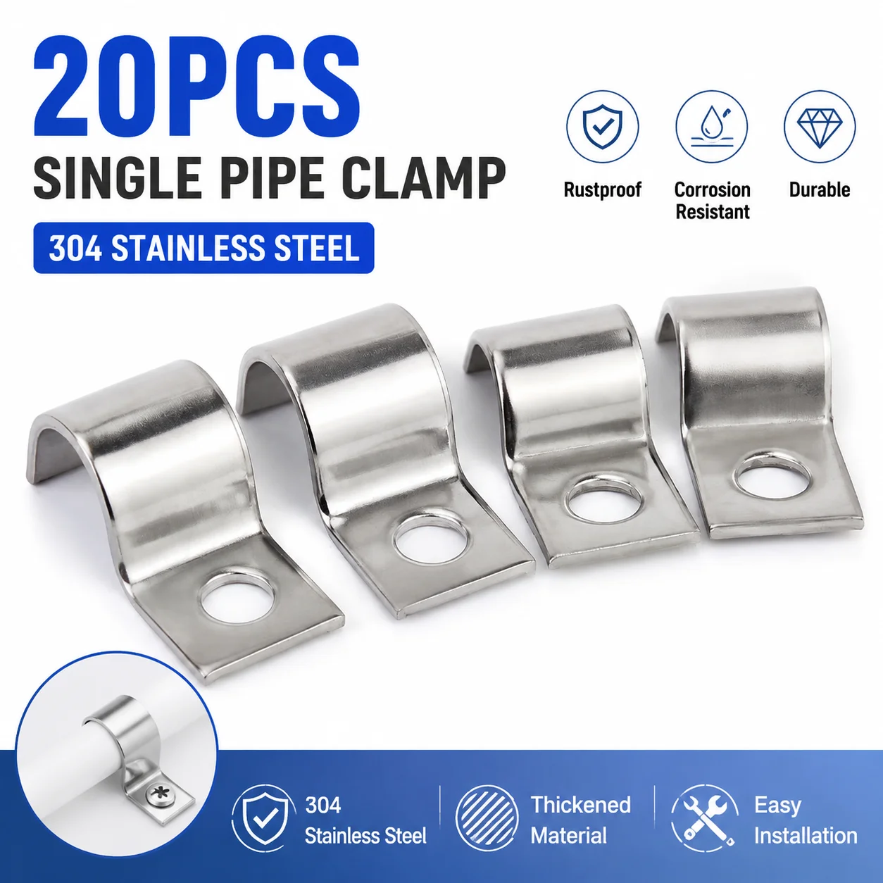 20PCS 304 Stainless Steel P Type Single Side Conduit Tube Hose Pipe Fixed Mounting Bracket U-Shaped Saddle Cable Clip Clamp