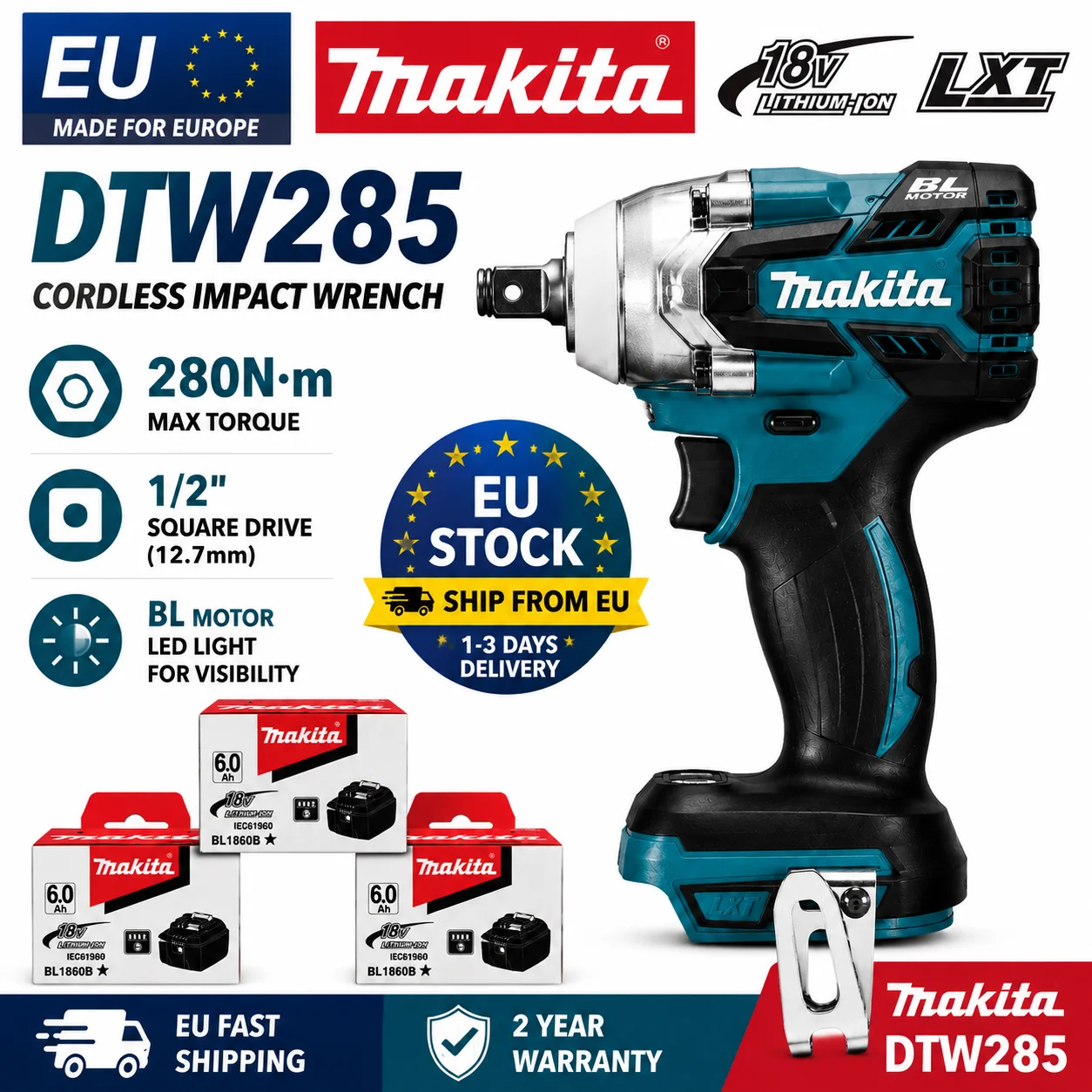 Original Makita DTW285Z Bürstenloser Akku-Schlagschrauber 18V LXT mit 6,0Ah Akku-Ladegerät EU-Lager