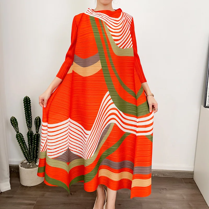 

Miyake Pleated Dress 2023 Summer New One-line Collar Three-quarter Sleeve Printed Dress Luxury Designe Elegant Women's Clothing