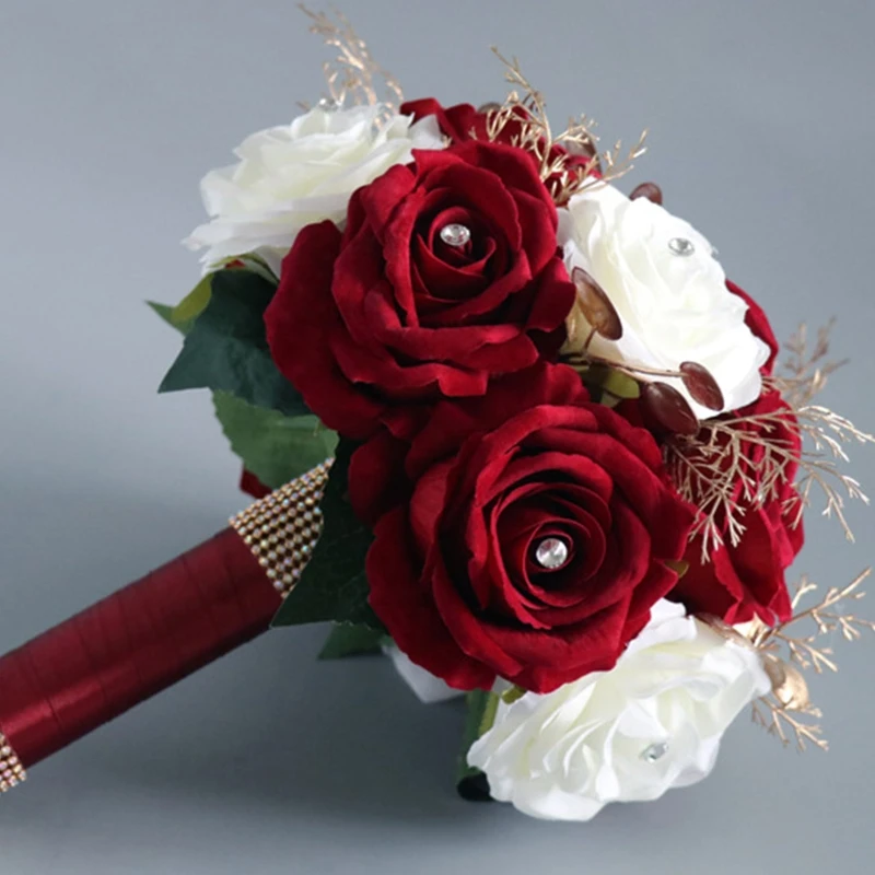 KX4B Casamento Romântico Buquê Flores Artificial Branco Vinho Vermelho Flores Adereços