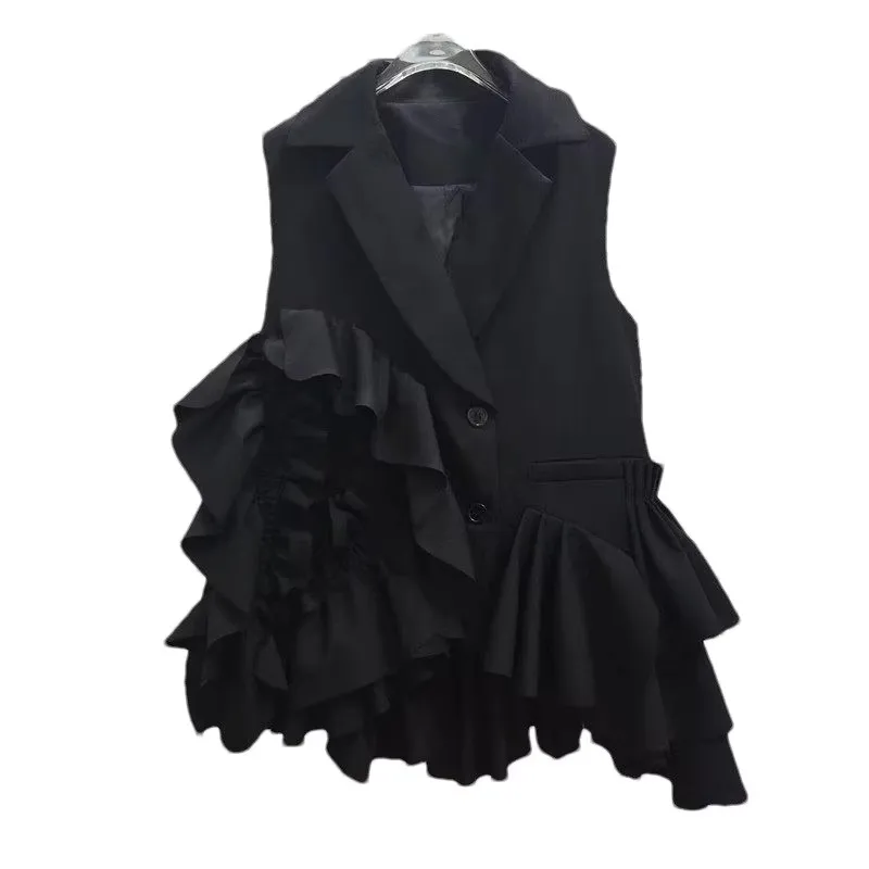 Spring New Women Black Short Suit Vest Fashion Ruffles Patchwork Notched Collar Single-Breasted Sleeveless Waistcoat Veste Femme