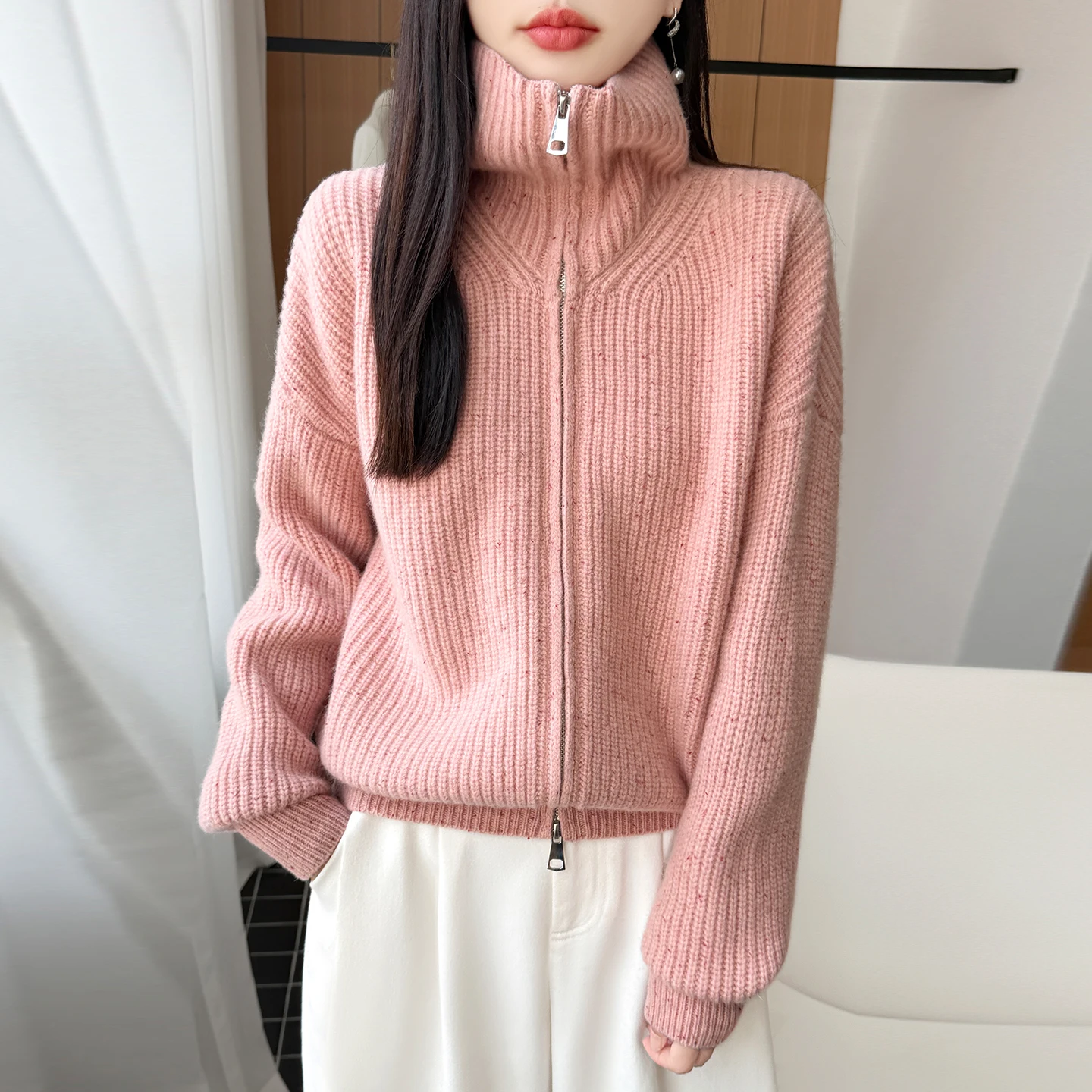 Women's 100% Merino Wool Zip Up Cardigan Sweater Autumn Winter Turn Down Collar Vertical Rib Knit Downy-Soft Warm Knit Outerwear