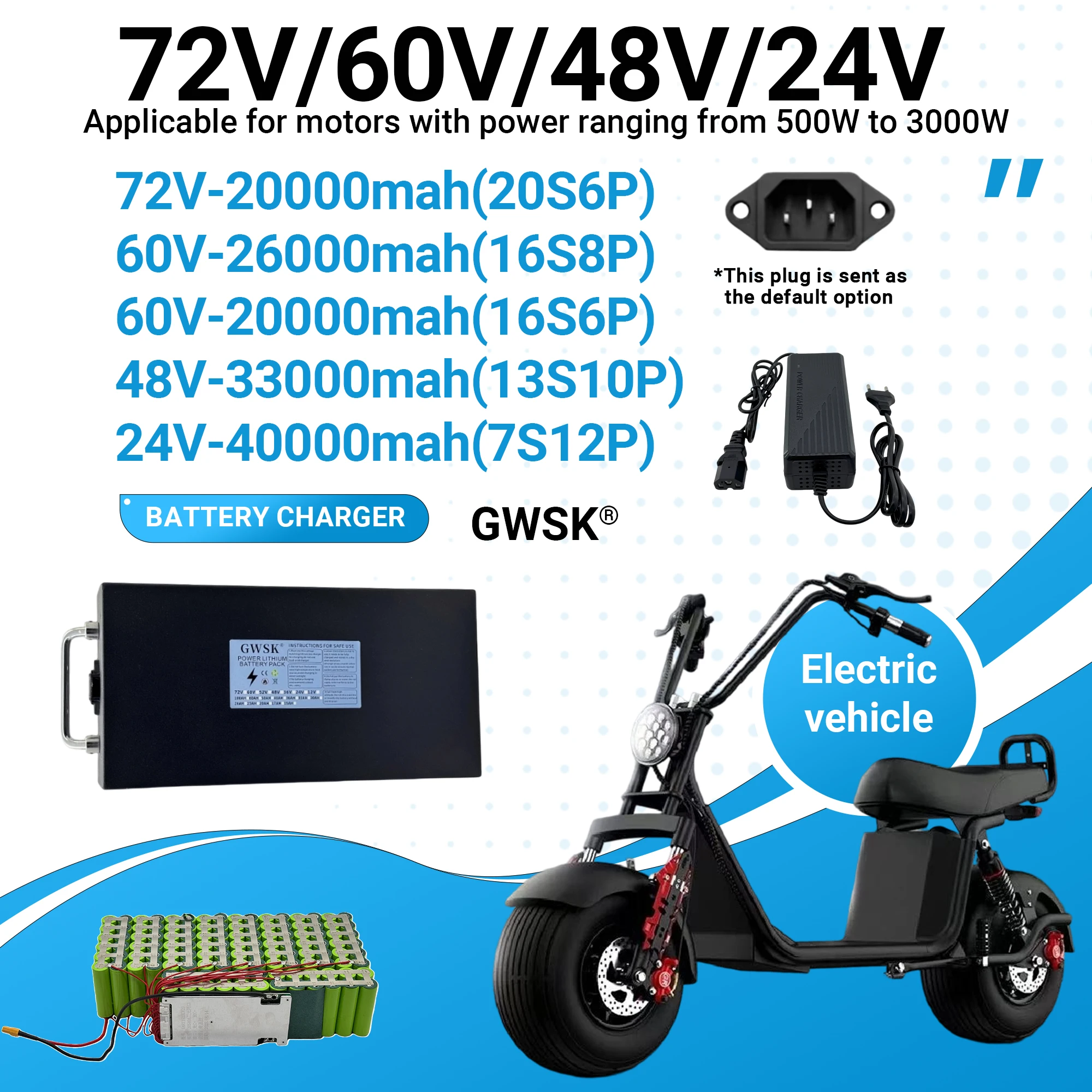 

72V60V48V electric motorcycle waterproof 18650 lithium battery foldable Citycoco electric scooter bicycle+BMS