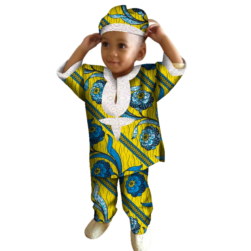 

African Clothes for Boy Short Sleeve Shirt Tops and Pants and Hats African Wax Print Children Boy Pants Set Bazin Riche WYT253